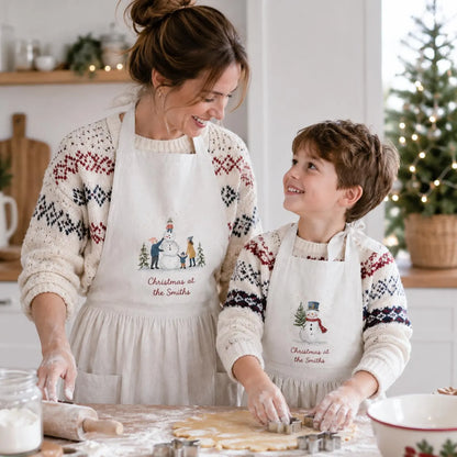 Personalized Christmas Mommy and Me Aprons, Matching Mom and Kids Linen Apron Set, Hand Embroidered Snowman, Custom Name Family Holiday Gift