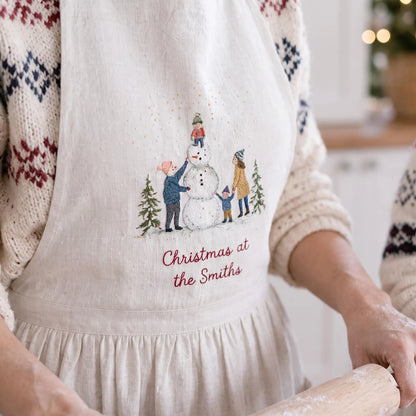 Personalized Christmas Mommy and Me Aprons, Matching Mom and Kids Linen Apron Set, Hand Embroidered Snowman, Custom Name Family Holiday Gift