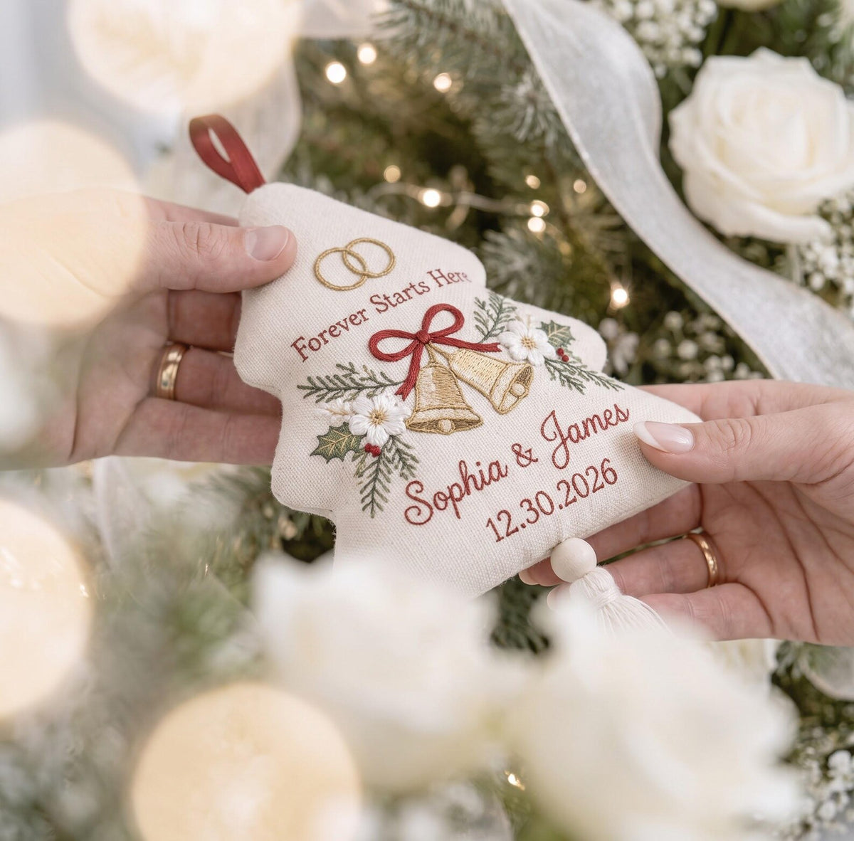 Personalized Christmas Wedding Ornament, Hand Embroidered Wedding Bells & Rings, Custom Names Date, First Christmas Married Gift