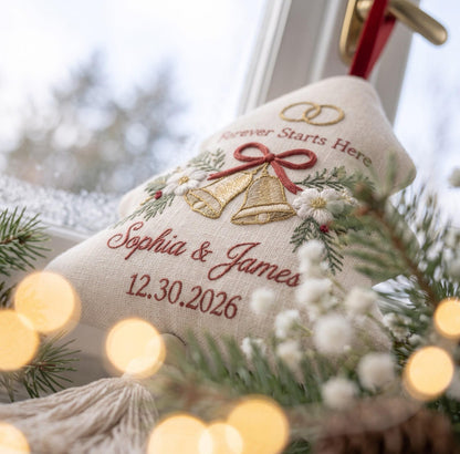 Personalized Christmas Wedding Ornament, Hand Embroidered Wedding Bells & Rings, Custom Names Date, First Christmas Married Gift