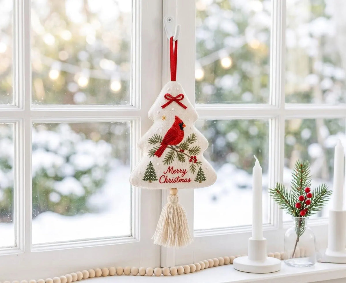 Hand Embroidered Cardinal Christmas Ornament, Christmas Tree Linen Tassel Decor, Red Bird, Pine & Berries, Holiday Gift