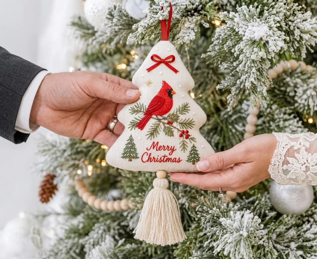 Hand Embroidered Cardinal Christmas Ornament, Christmas Tree Linen Tassel Decor, Red Bird, Pine & Berries, Holiday Gift