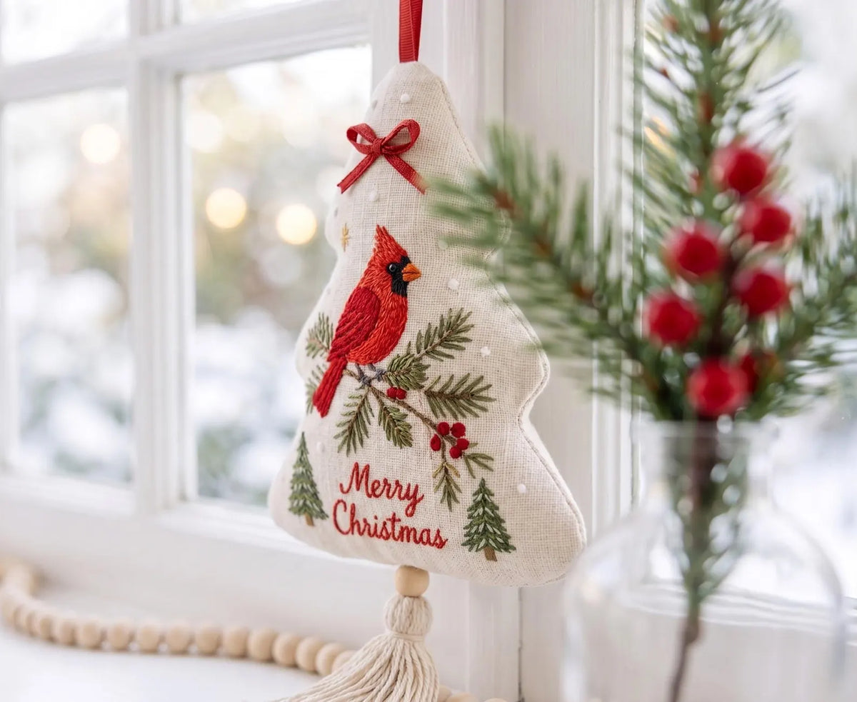 Hand Embroidered Cardinal Christmas Ornament, Christmas Tree Linen Tassel Decor, Red Bird, Pine & Berries, Holiday Gift