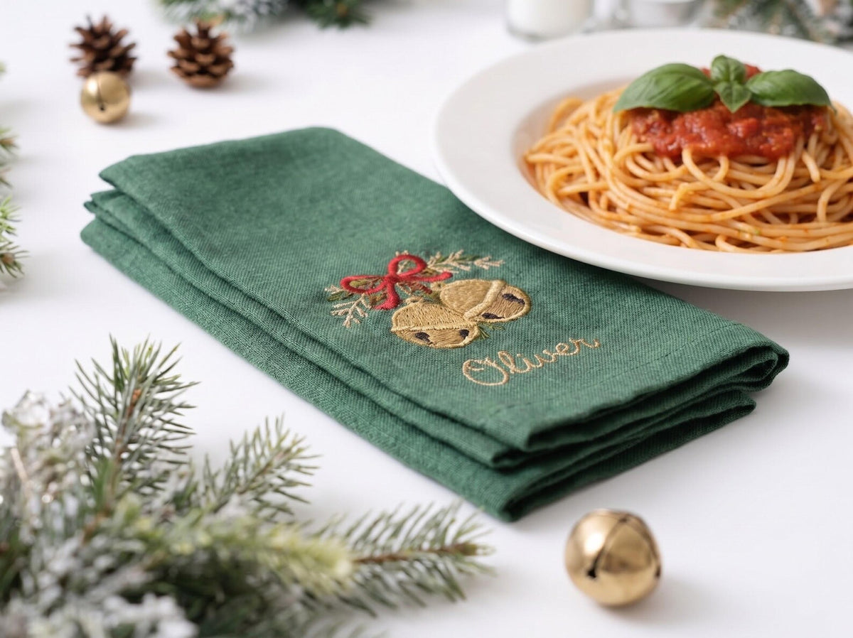 Personalized Christmas Linen Napkins Set of 6, Hand Embroidered Bells, Stocking, Candle & Candy Cane, Custom Names, Holiday Table Decor Gift
