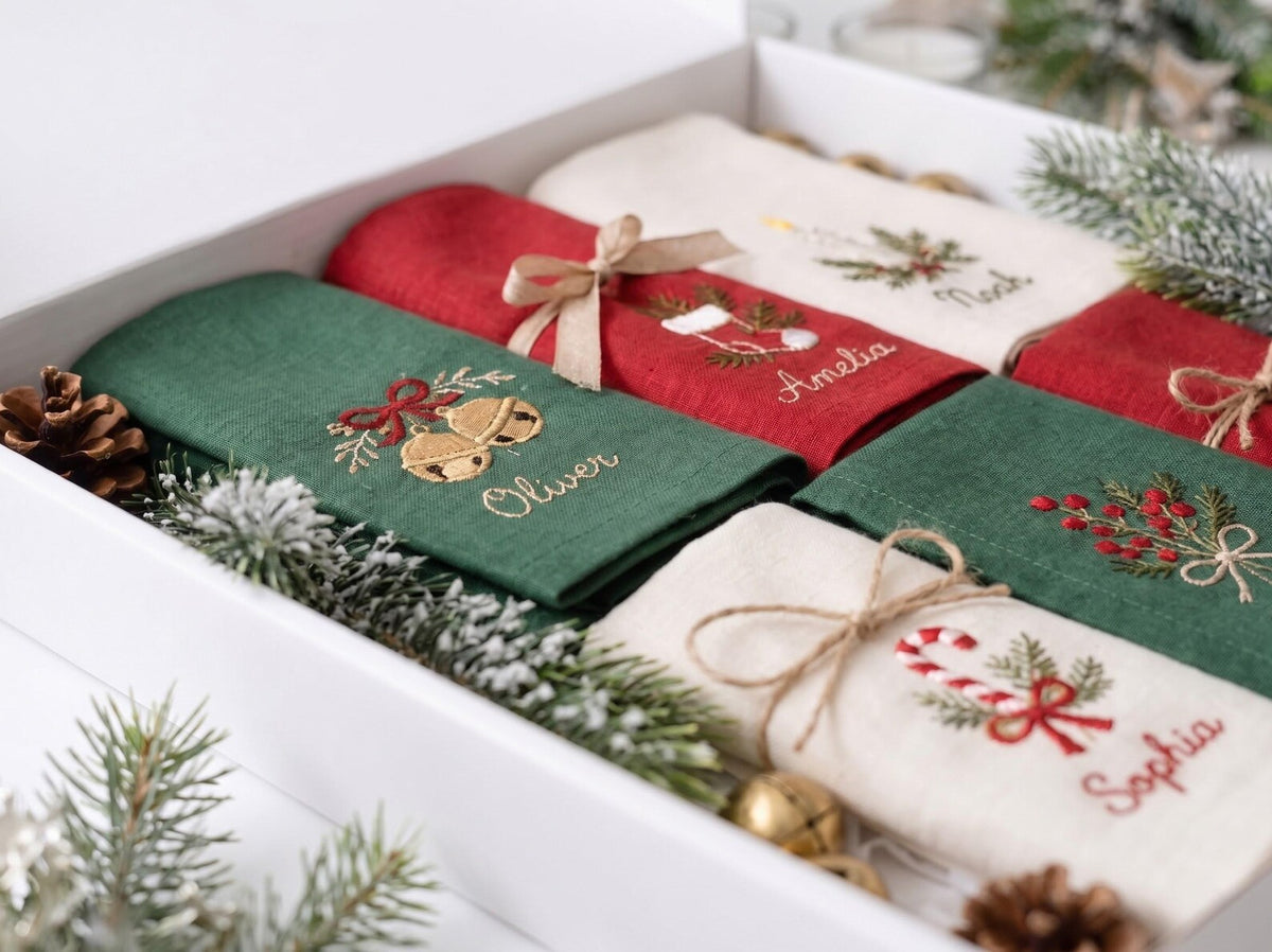 Personalized Christmas Linen Napkins Set of 6, Hand Embroidered Bells, Stocking, Candle & Candy Cane, Custom Names, Holiday Table Decor Gift