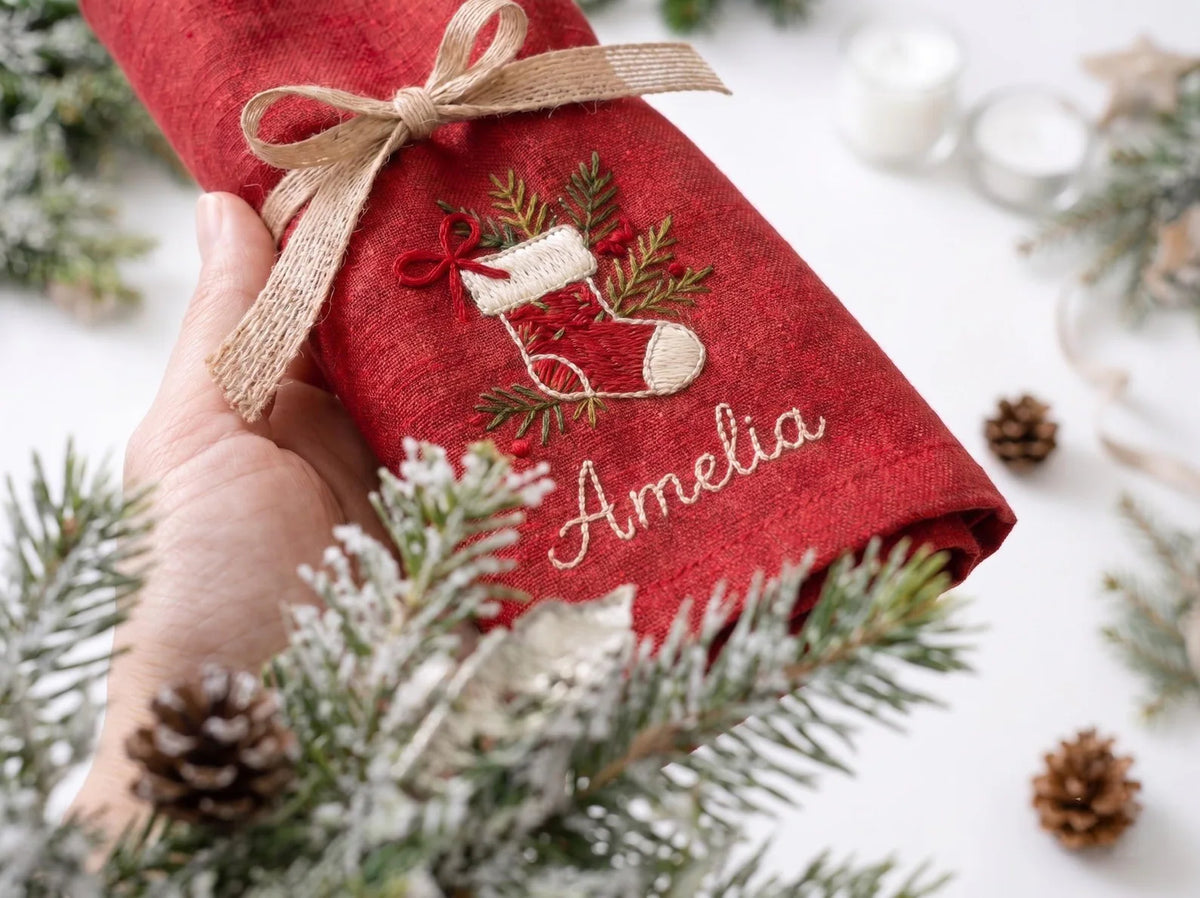 Personalized Christmas Linen Napkins Set of 6, Hand Embroidered Bells, Stocking, Candle & Candy Cane, Custom Names, Holiday Table Decor Gift