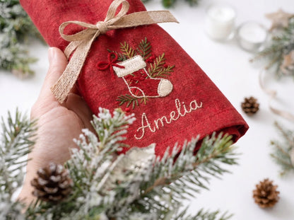 Personalized Christmas Linen Napkins Set of 6, Hand Embroidered Bells, Stocking, Candle & Candy Cane, Custom Names, Holiday Table Decor Gift