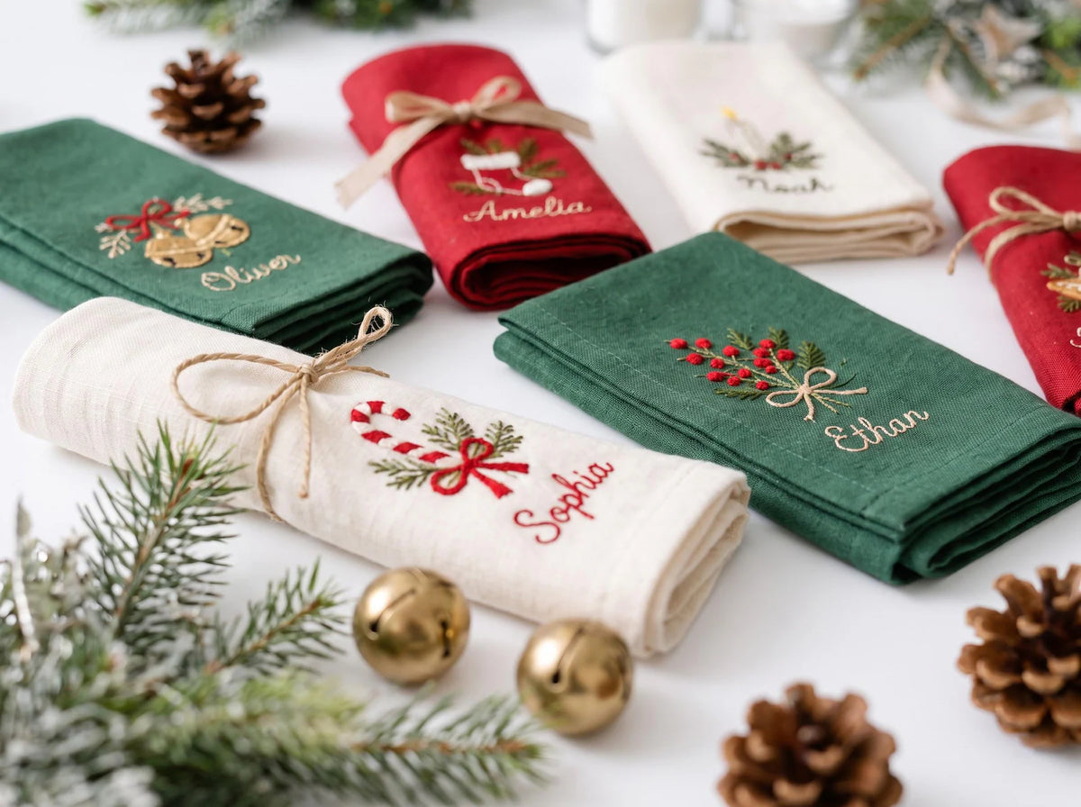Personalized Christmas Linen Napkins Set of 6, Hand Embroidered Bells, Stocking, Candle & Candy Cane, Custom Names, Holiday Table Decor Gift