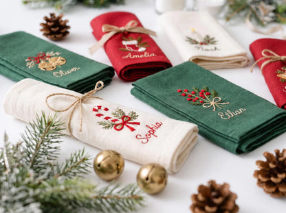 Personalized Christmas Linen Napkins Set of 6, Hand Embroidered Bells, Stocking, Candle & Candy Cane, Custom Names, Holiday Table Decor Gift