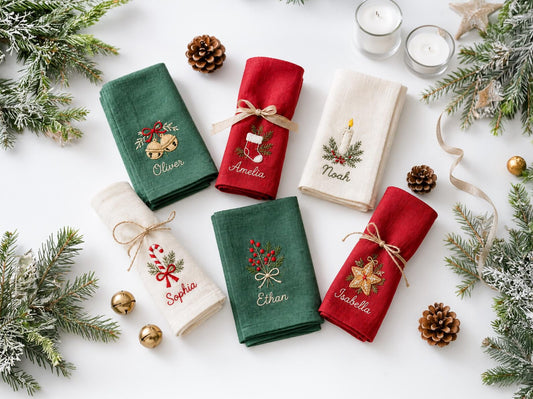 Personalized Christmas Linen Napkins Set of 6, Hand Embroidered Bells, Stocking, Candle & Candy Cane, Custom Names, Holiday Table Decor Gift