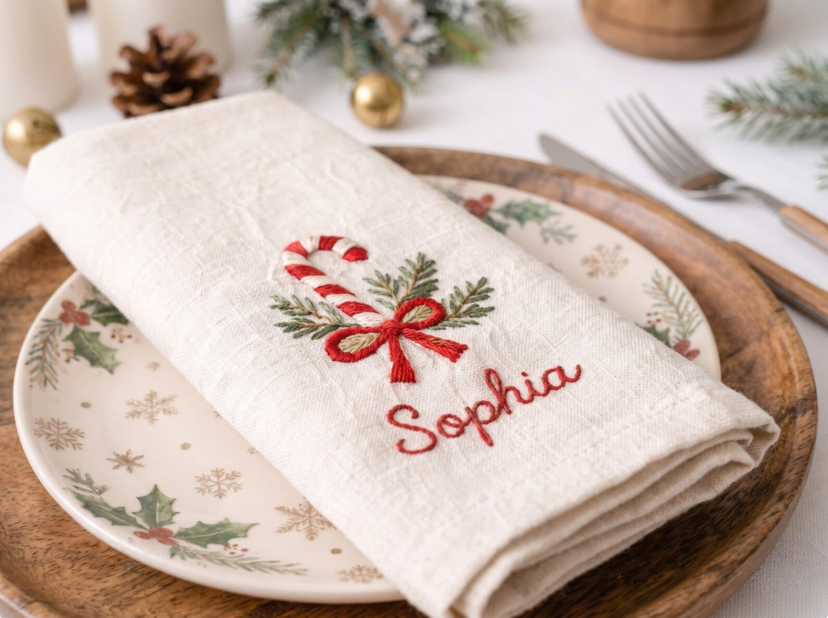 Personalized Christmas Linen Napkins Set of 6, Hand Embroidered Bells, Stocking, Candle & Candy Cane, Custom Names, Holiday Table Decor Gift