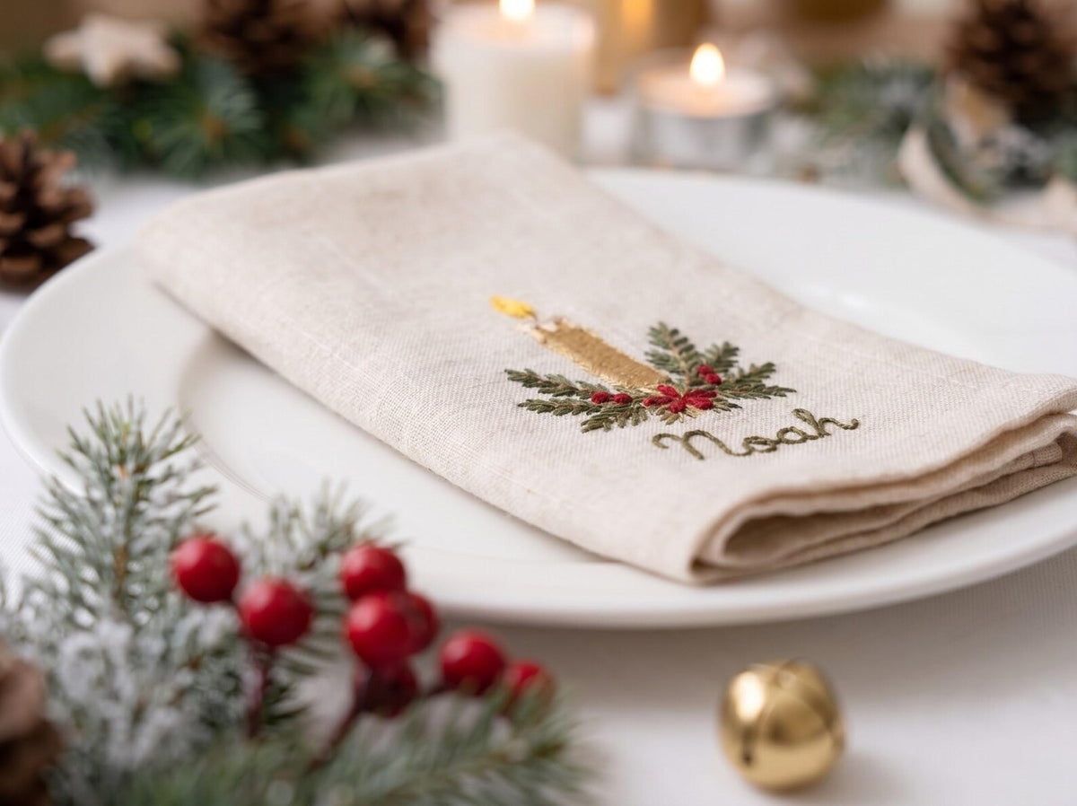 Personalized Christmas Linen Napkins Set of 6, Hand Embroidered Bells, Stocking, Candle & Candy Cane, Custom Names, Holiday Table Decor Gift