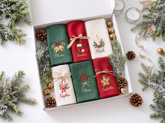 Personalized Christmas Linen Napkins Set of 6, Hand Embroidered Bells, Stocking, Candle & Candy Cane, Custom Names, Holiday Table Decor Gift