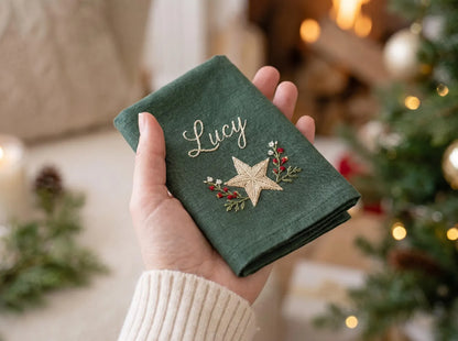 Personalized Christmas Linen Napkin Set of 6, Hand Embroidered Ornaments, Gift, Mitten, Candy Cane & Star, Custom Names, Holiday Table Decor