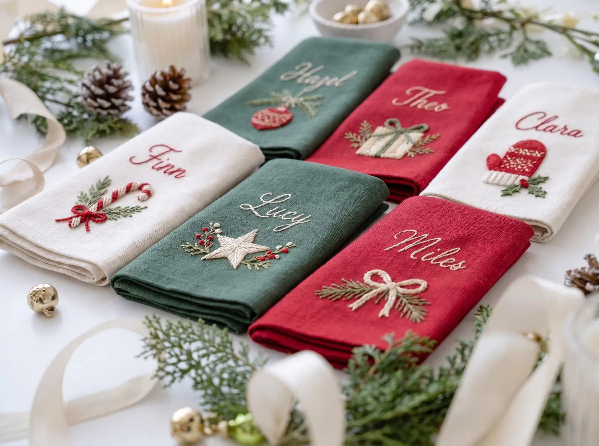 Personalized Christmas Linen Napkin Set of 6, Hand Embroidered Ornaments, Gift, Mitten, Candy Cane & Star, Custom Names, Holiday Table Decor