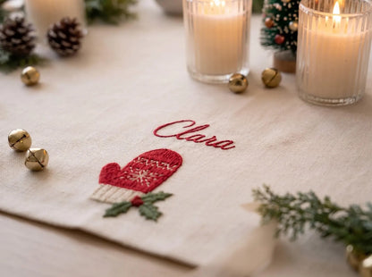 Personalized Christmas Linen Napkin Set of 6, Hand Embroidered Ornaments, Gift, Mitten, Candy Cane & Star, Custom Names, Holiday Table Decor