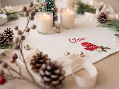 Personalized Christmas Linen Napkin Set of 6, Hand Embroidered Ornaments, Gift, Mitten, Candy Cane & Star, Custom Names, Holiday Table Decor