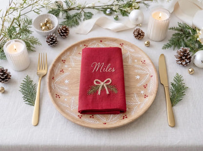 Personalized Christmas Linen Napkin Set of 6, Hand Embroidered Ornaments, Gift, Mitten, Candy Cane & Star, Custom Names, Holiday Table Decor
