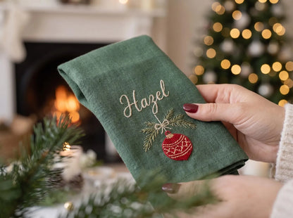 Personalized Christmas Linen Napkin Set of 6, Hand Embroidered Ornaments, Gift, Mitten, Candy Cane & Star, Custom Names, Holiday Table Decor