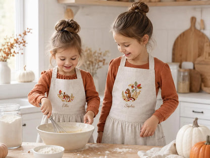 Personalized Sibling Aprons, Matching Kids Linen Apron Set, Hand Embroidered Squirrel & Acorn Woodland Set for Kids Custom Name Sister Gift