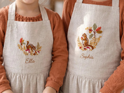 Personalized Sibling Aprons, Matching Kids Linen Apron Set, Hand Embroidered Squirrel & Acorn Woodland Set for Kids Custom Name Sister Gift
