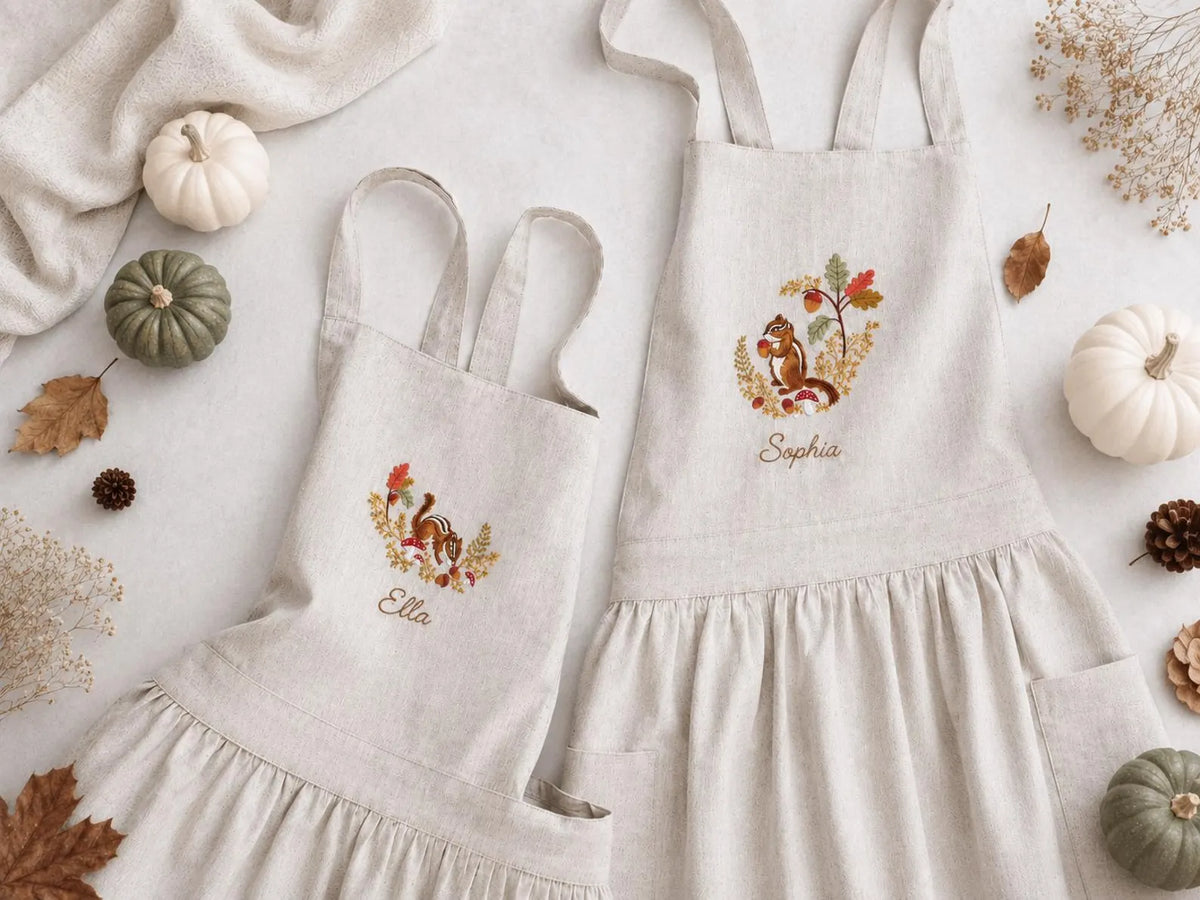 Personalized Sibling Aprons, Matching Kids Linen Apron Set, Hand Embroidered Squirrel & Acorn Woodland Set for Kids Custom Name Sister Gift