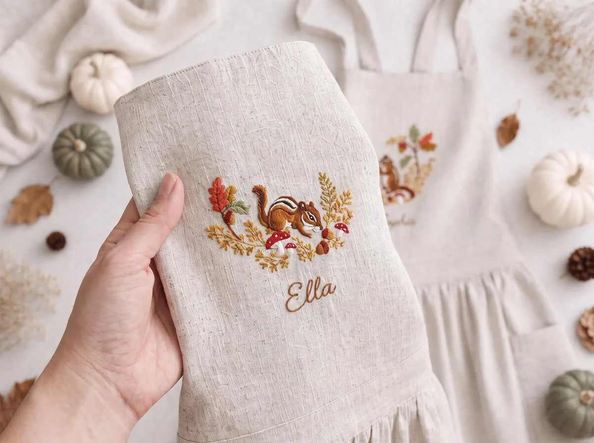 Personalized Sibling Aprons, Matching Kids Linen Apron Set, Hand Embroidered Squirrel & Acorn Woodland Set for Kids Custom Name Sister Gift