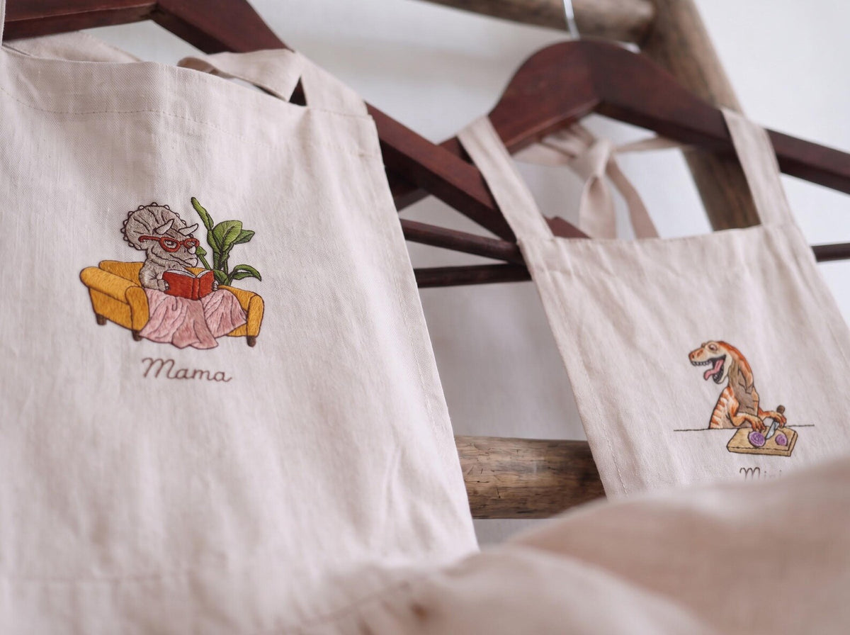 Personalized Matching Aprons, Mommy and Me Linen Apron Set, Hand Embroidered Dinosaur Design, Custom Name Mother Child Gift, Family Keepsake