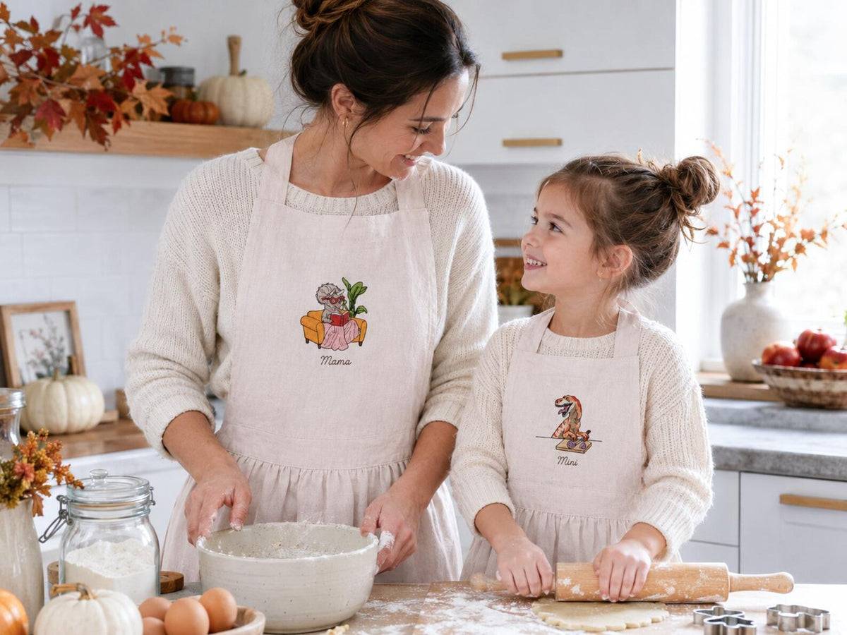 Personalized Matching Aprons, Mommy and Me Linen Apron Set, Hand Embroidered Dinosaur Design, Custom Name Mother Child Gift, Family Keepsake