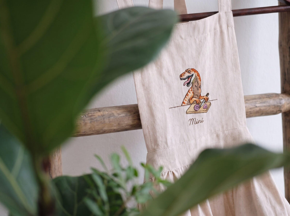 Personalized Matching Aprons, Mommy and Me Linen Apron Set, Hand Embroidered Dinosaur Design, Custom Name Mother Child Gift, Family Keepsake