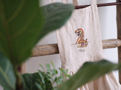 Personalized Matching Aprons, Mommy and Me Linen Apron Set, Hand Embroidered Dinosaur Design, Custom Name Mother Child Gift, Family Keepsake