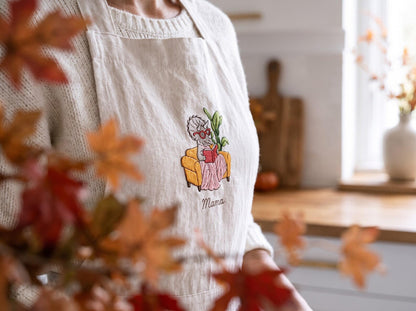 Personalized Matching Aprons, Mommy and Me Linen Apron Set, Hand Embroidered Dinosaur Design, Custom Name Mother Child Gift, Family Keepsake