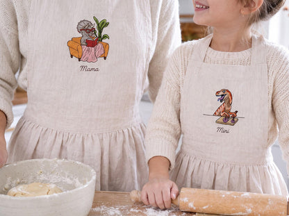 Personalized Matching Aprons, Mommy and Me Linen Apron Set, Hand Embroidered Dinosaur Design, Custom Name Mother Child Gift, Family Keepsake
