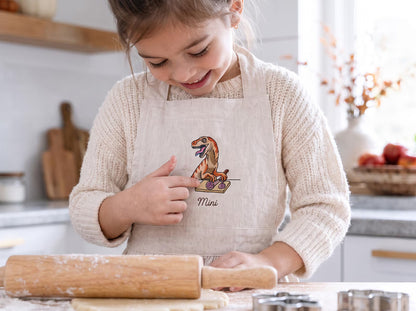 Personalized Matching Aprons, Mommy and Me Linen Apron Set, Hand Embroidered Dinosaur Design, Custom Name Mother Child Gift, Family Keepsake