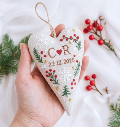 Personalized Christmas Heart Ornament, Hand Embroidered Red Berry & Snowflake Keepsake, Custom Initial Wedding Gift for Couple