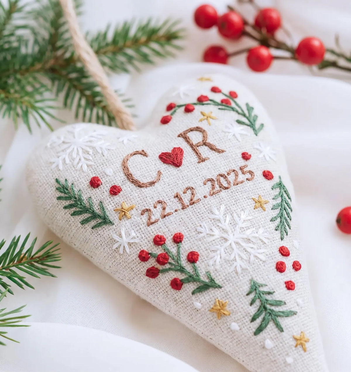 Personalized Christmas Heart Ornament, Hand Embroidered Red Berry & Snowflake Keepsake, Custom Initial Wedding Gift for Couple