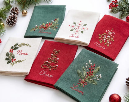 Personalized Christmas Linen Napkins Set of 6, Hand Embroidered Holly, Mistletoe, Pine & Berries, Custom Names, Holiday Table Decor Gift Set