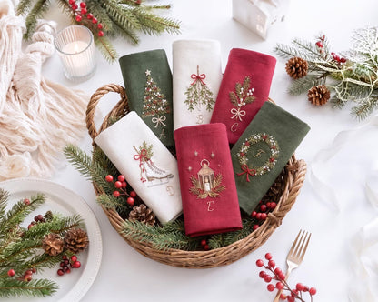 Personalized Christmas Linen Napkins Set of 6, Hand Embroidered Holly, Mistletoe, Pine & Berries, Custom Names, Holiday Table Decor Gift Set