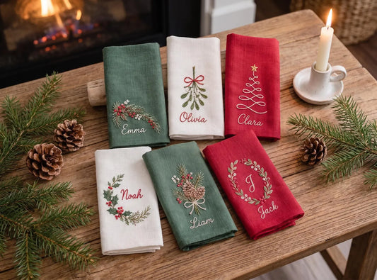 Personalized Christmas Linen Napkins Set of 6, Hand Embroidered Holly, Mistletoe, Pine & Berries, Custom Names, Holiday Table Decor Gift Set