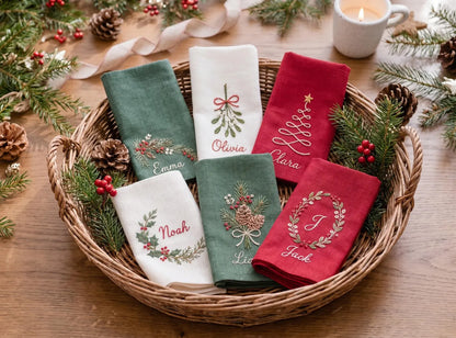 Personalized Christmas Linen Napkins Set of 6, Hand Embroidered Holly, Mistletoe, Pine & Berries, Custom Names, Holiday Table Decor Gift Set