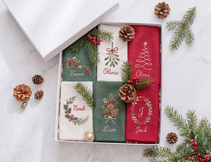 Personalized Christmas Linen Napkins Set of 6, Hand Embroidered Holly, Mistletoe, Pine & Berries, Custom Names, Holiday Table Decor Gift Set