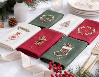 Personalized Christmas Linen Napkins Set of 6, Hand Embroidered Holly, Mistletoe, Pine & Berries, Custom Names, Holiday Table Decor Gift Set