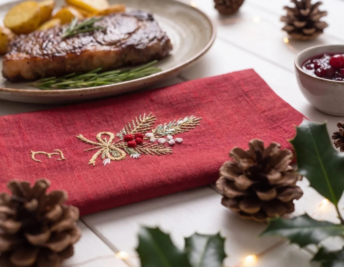 Personalized Christmas Linen Napkins Set of 6, Hand Embroidered Holly, Mistletoe, Pine & Berries, Custom Names, Holiday Table Decor Gift Set