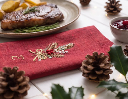 Personalized Christmas Linen Napkins Set of 6, Hand Embroidered Holly, Mistletoe, Pine & Berries, Custom Names, Holiday Table Decor Gift Set