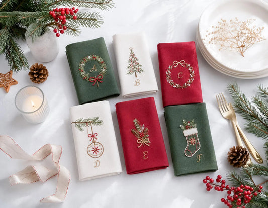 Personalized Christmas Linen Napkins Set of 6, Hand Embroidered Holly, Mistletoe, Pine & Berries, Custom Names, Holiday Table Decor Gift Set