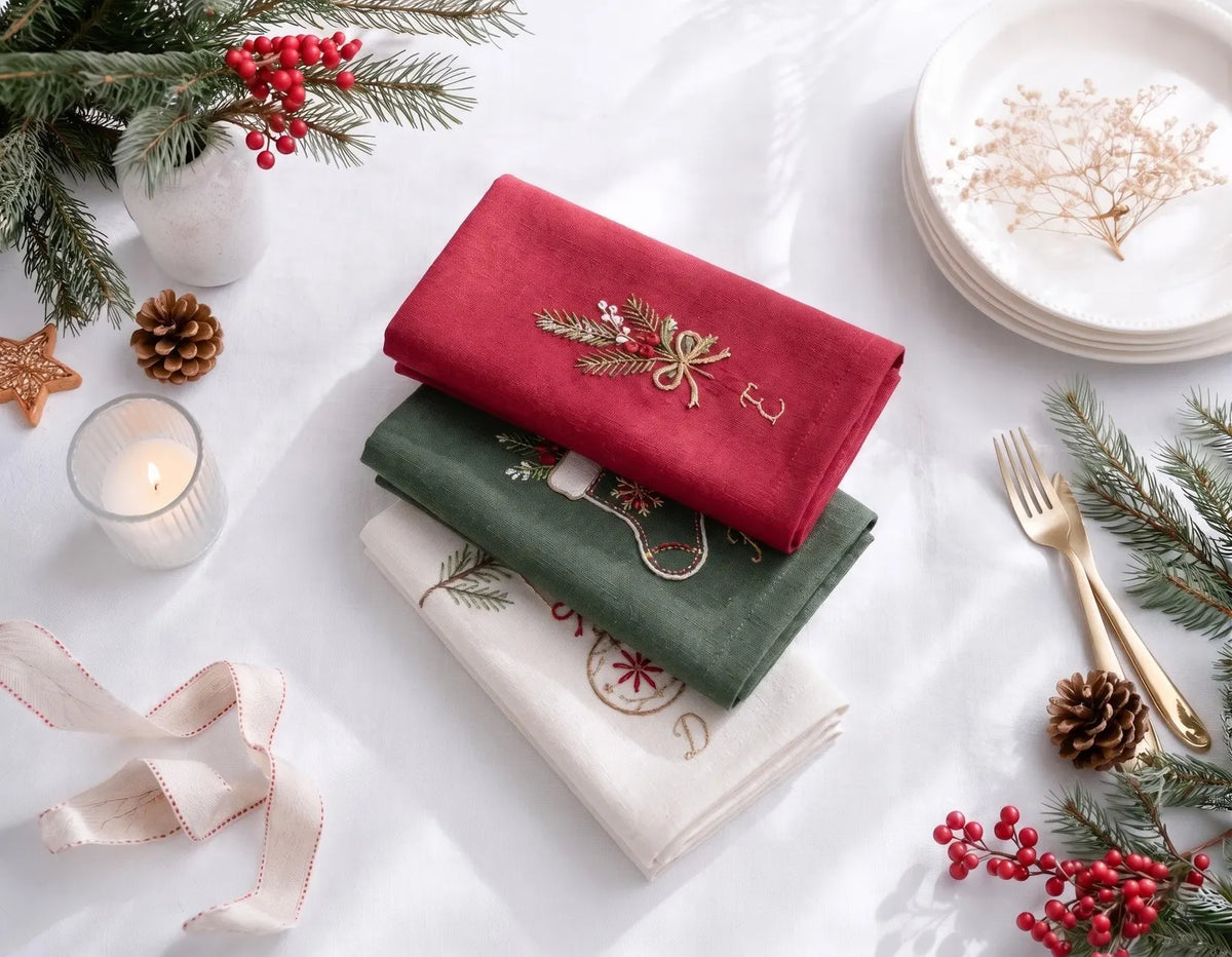 Personalized Christmas Linen Napkins Set of 6, Hand Embroidered Holly, Mistletoe, Pine & Berries, Custom Names, Holiday Table Decor Gift Set