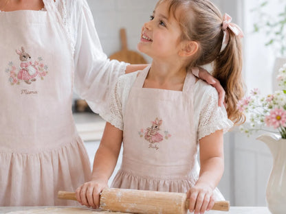 Personalized Mommy and Me Aprons, Matching Mom and Kids Linen Apron Set, Hand Embroidered Bunny Rabbit, Custom Name Mother Daughter Keepsake