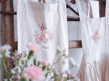 Personalized Mommy and Me Aprons, Matching Mom and Kids Linen Apron Set, Hand Embroidered Bunny Rabbit, Custom Name Mother Daughter Keepsake