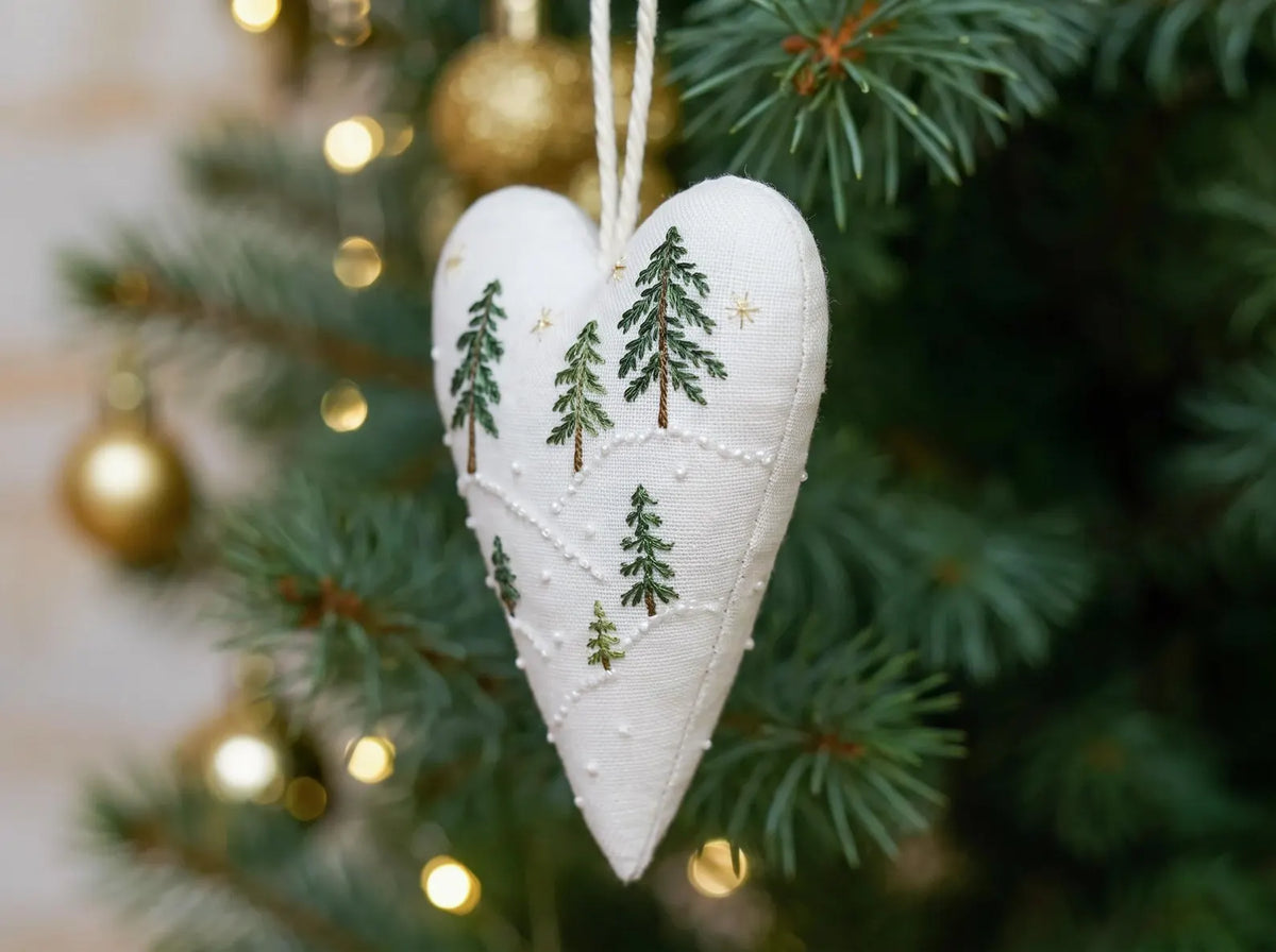 Heart Christmas Ornament, Hand Embroidered Snowy Pine Tree Landscape, Rustic Linen Christmas Decor, Christmas Keepsake Gift, Farmhouse Decor