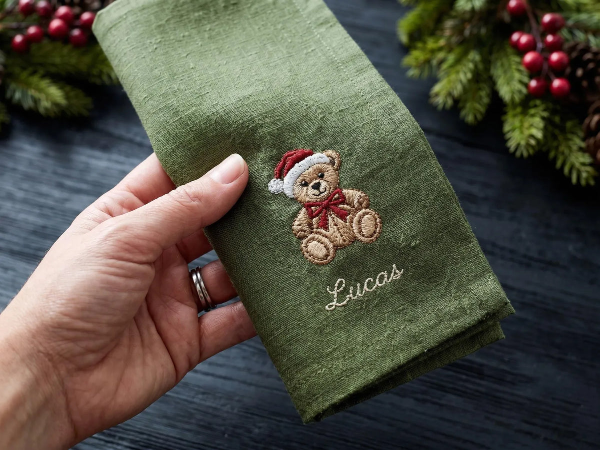 Personalized Christmas Linen Napkins Set of 6, Embroidered Dinner Napkins, Custom Name Red Green White Holiday Table Decor for Family Dinner